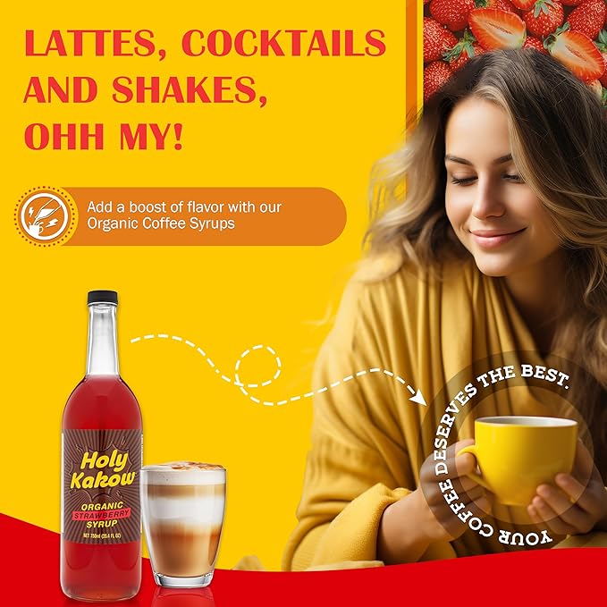 Holy Kakow Organic Strawberry Syrup - Strawberry Syrup for Drinks, Fruit Syrup, Dye Free Strawberry Syrup, Liquid Sugar, Cane Sugar Syrup, Strawberry Simple Syrup, All-Natural, Non-GMO - 750 ml