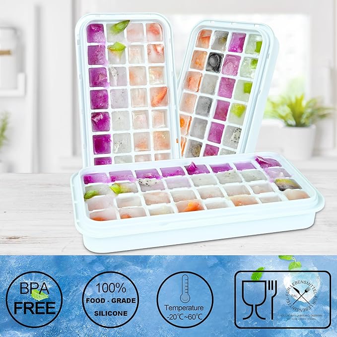 Ice Cube Trays 3 Pack, Silicone Ice Cube Trays for Freezer, Easy-Release Silicone 32 Ice Cube Trays, LFGB Certified and BPA Free, Reusable IceCubes for Freezer, Stackable Ice Trays with Covers