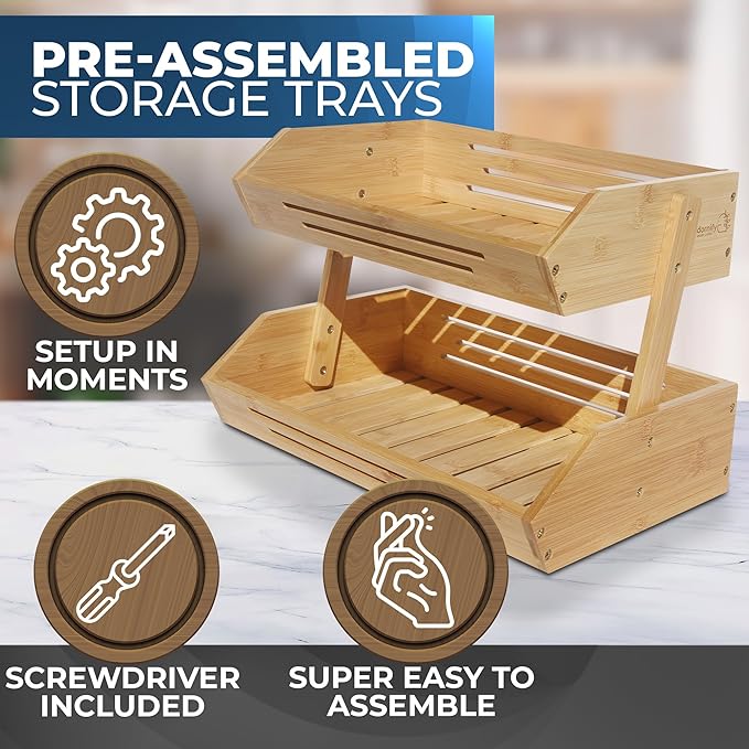 2 Tier Bamboo Fruit Basket for Kitchen Counter with Banana Hanger Hooks, Wooden Fruit Holder for Kitchen Countertop, Vegetable Storage Stand for Fruit Shop