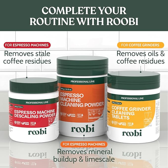 Roobi Professional Espresso Machine Descaling Powder. Carbon Neutral Espresso Descaler Powder. Up to 21 uses, 600gr.