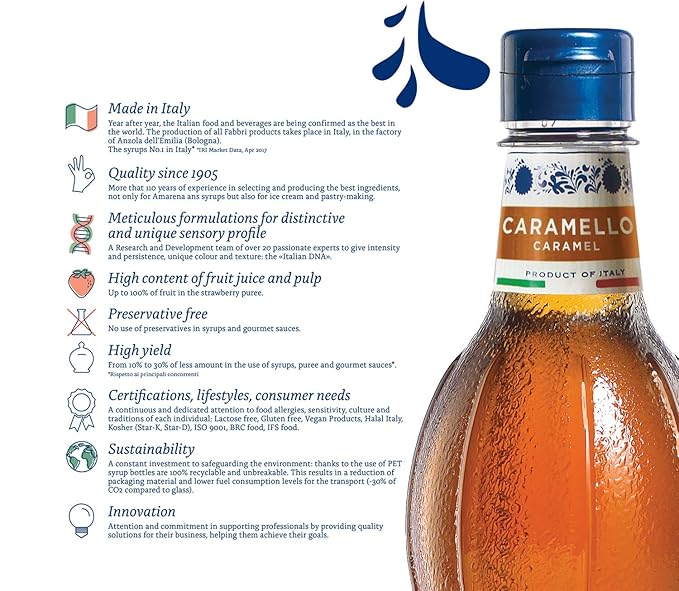 Fabbri Flavoring Syrup, Caramel, Made in Italy, 46 Ounce (1 Liter)