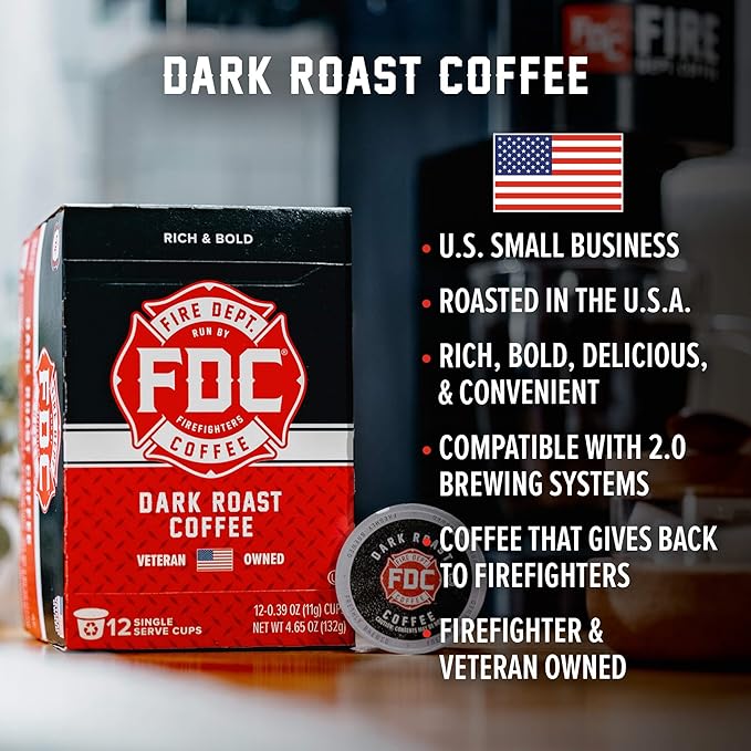 Fire Department Coffee - Gives Back to Firefighters - Dark Roast Coffee Pods - Bold & Strong - Roasted in the USA - Premium K Cups - Veteran Owned - 12 Single Pods