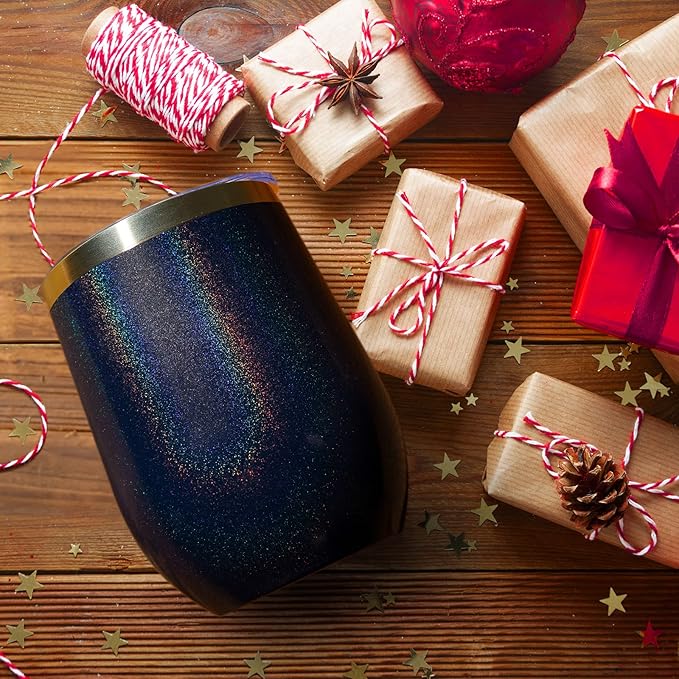 MEWAY 12oz/12 Pack Wine Tumbler Glasses with Lid - Stemless Double Wall Vacuum Stainless Steel Glitter Tumbler - Keeping Cold & Hot Cup for Coffee,for Women(Rainbow Navy,Set of 12)