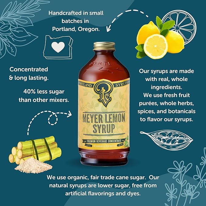 Portland Syrups Meyer Lemon Syrup - Premium Beverage Concentrate for Delicious Cocktails, Tea, Soda, Coffee Drinks, Baking, and More - 12 oz with 12 Servings (Pack of 2)