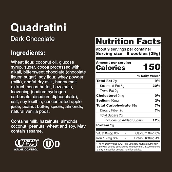 Loacker Quadratini Dark Chocolate Wafer Cookies LARGE - 30% Less Sugar - Premium Crispy Bite Size Wafers - NON-GMO - LARGE Pack of 6