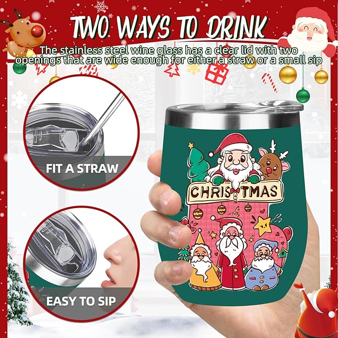 Christmas Wine Tumbler 12 oz Stainless Steel Wine Tumble Insulated Wine Tumbler with Lid Christmas Wine Glass Gifts with Straw and Brushes for Women Men Xmas Wedding Party (Green)