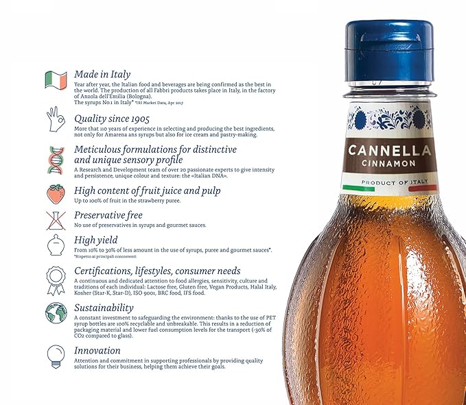 Fabbri Flavoring Syrup, Cinnamon, Made in Italy, 33.8 Ounce (1 Liter)