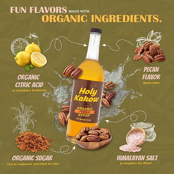 Holy Kakow Cafe Organic Pecan Syrup - Pecan Syrup, Coffee Syrup, Organic Syrup for Coffee, Pecan Syrup for Coffee, Add to Latte, Cocktail and Shake, Real Food Ingredients, Specific Flavor - 750ml