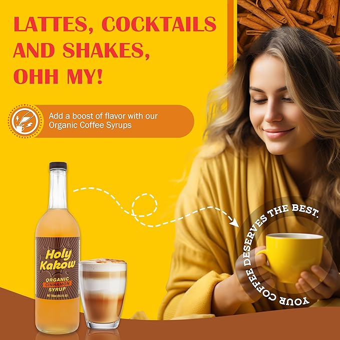Holy Kakow Cafe Organic Cinnamon Syrup - Cinnamon Coffee Syrup, Organic Syrup for Coffee, Cinnamon Syrup for Coffee, Latte, Cocktail and Shake - 750ml