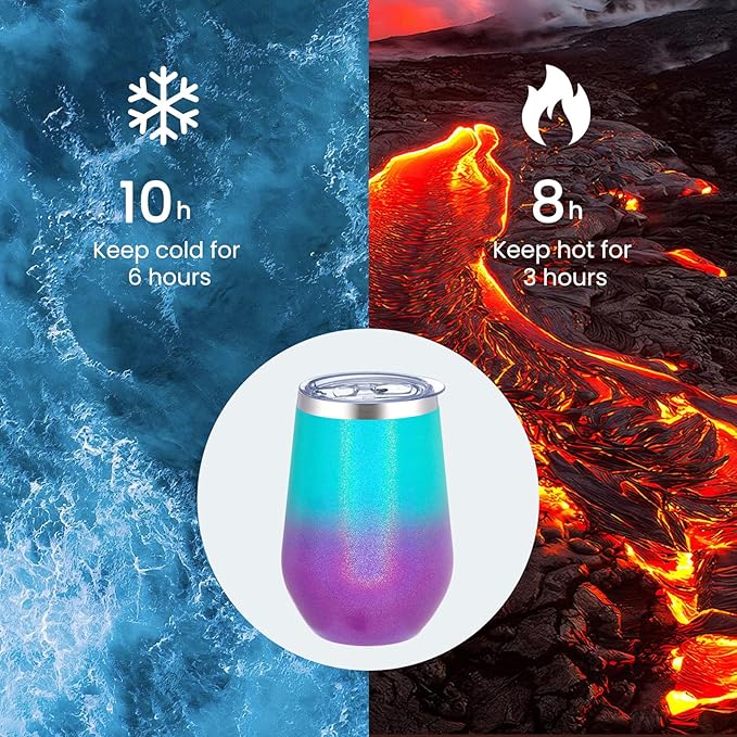 MEWAY 12oz Insulated Wine Tumbler Set of 12 - Double Wall Stainless Steel Stemless Wine cups Glasses with Lids, Gift for Family and Gifts, Prizes for adults(Glitter Aurora,Set of 12)