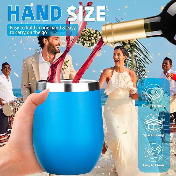 12oz/4 Pack Stainless Steel Wine Tumbler with Lid and Straw, Double Wall Vacuum Insulated Wine Tumbler Glasses, Stemless Travel Mugs for Hot and Cold Drinks, Coffee, Wine, Cocktails