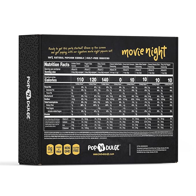 Pop n' Dulge Popcorn Movie Night Supplies 16 pcs Gift Set, 5 Gourmet Popcorn Kernels, 5 Seasoning Variety Packs Non-GMO Kosher Snacks, Great Housewarming Family Date Night Gifts Basket Ideas For Him Her