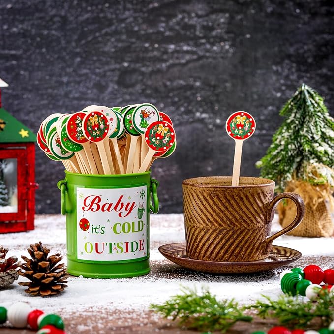121 Pcs Christmas Wooden Coffee Stirrers with Holder and Wood Cocktail Coffee Stir Sticks Baby It's Cold Outside Disposable Drink Stirrers for Stirring Hot Restaurant Home Office(Green)