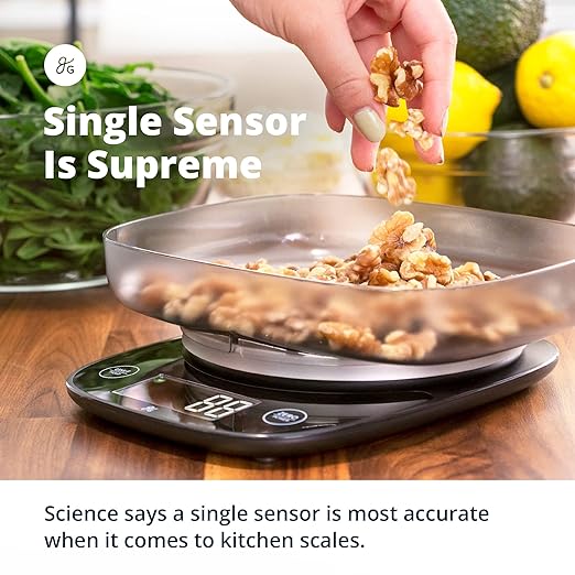 Greater Goods Digital Food Scale with Bowl, 11lb to 5kg Capacity, Grams and Ounces, Tare Function, 4 Units for Baking, Meal Prep, Weight Loss, Stainless Steel