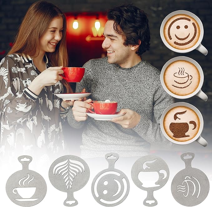 5Pcs Stainless Steel Reusable Metal Coffee Stencils for Latte Art Coffee Decorating Kit - Cookie Stencils for Royal Icing - Metal Baking Stencil Christmas- Cake Decorating Kit