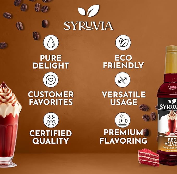 Syruvia Red Velvet Coffee Syrup - 25.4 fl oz Premium Coffee Flavoring Syrup - Kosher Coffee Syrups, Gluten Free, No Coloring, Perfect for Drinks, Soda, Shakes, Desserts, and More With Pump