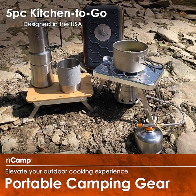 nCamp Kitchen to Go 5 Piece Bundle, Portable Compact Multi-Fuel Burning Camping Stove, ISO Propane Adapter, Elevated Bamboo Cutting Board Prep Surface, Cafe Coffee Maker, Carrying Bag, For Camping