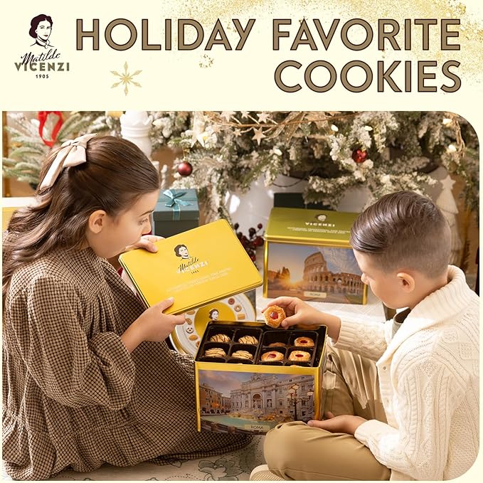 Matilde Vicenzi Roma Cookie Gift Tin - Italian Pastries & Cookies in Individually Wrapped Trays - Gourmet Gifts For Thanksgiving, Holidays, Corporate - Assorted Cookies in Italian Design Tin 32.5oz (920g)