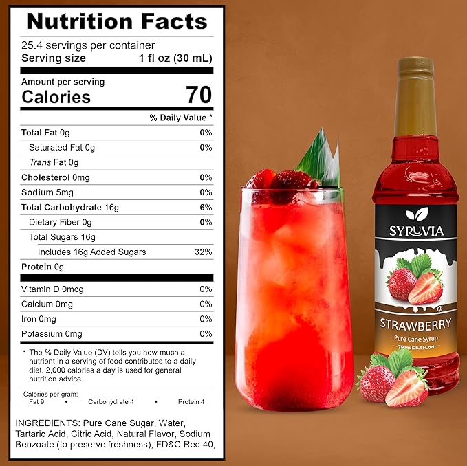 Syruvia Strawberry Syrup, Flavored Syrup for Drinks, Cocktails, Lemonades, Iced Teas, and Desserts – 25.4 fl oz