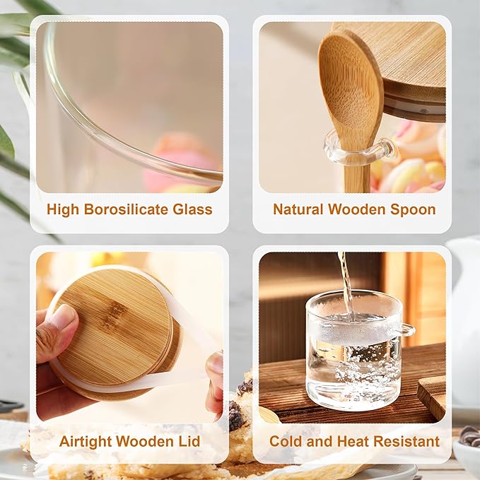 MOLFUJ 15 oz/450 ml Clear Glass Storage Canister with Airtight Lid, Small Decorative Container Jar with Wooden Spoon for Overnight Oatmeal Coffee Spice Candy Salt Cookie Condiment Pepper Sugar