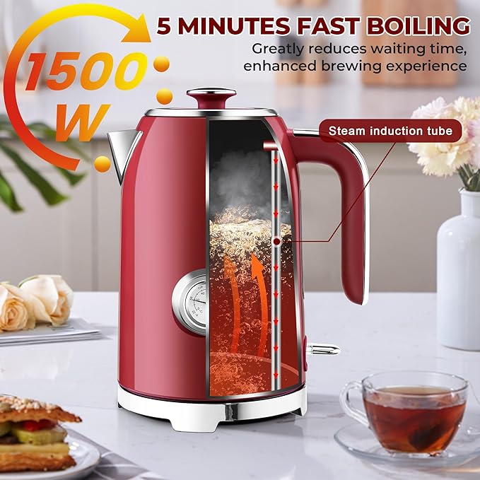 SUSTEAS Electric Kettle - 57oz Hot Tea Water Boiler with Thermometer, 1500W Fast Heating Stainless Steel Pot, Cordless LED Indicator, Auto Shut-Off & Boil Dry Protection, Red