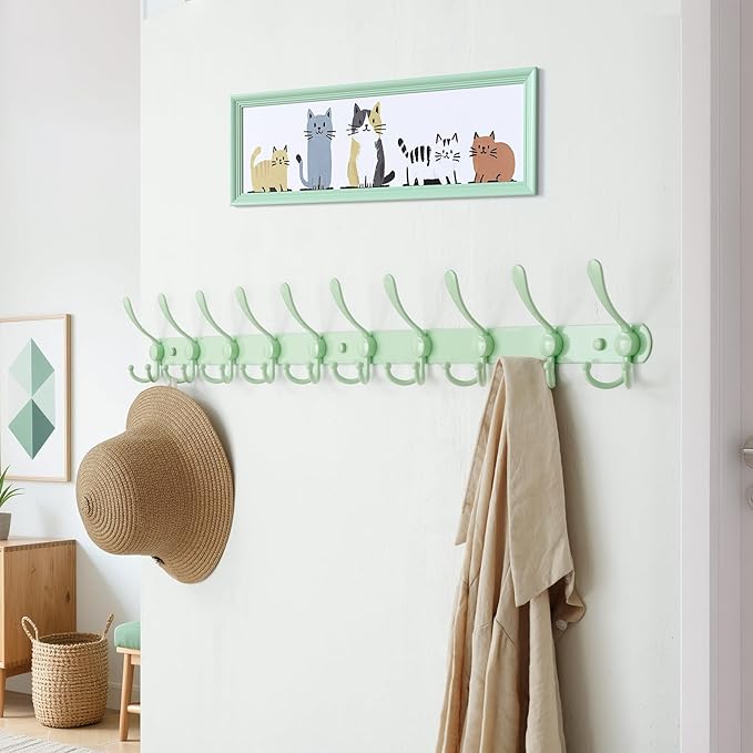 Dseap Coat Rack Wall Mount - 38” Long 10-Tri-Hooks Heavy Duty Coat Hanger Rail Wall Hooks for Hanging Coats Hats Clothing Clothes Purse Mudroom Entryway, Green, Pack of 2