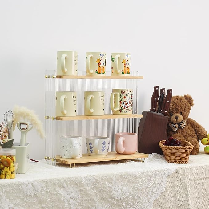 Coffee Mug Holder Wooden Cup Station Organizer 3 Tier Cup Holder for Coffee Bar Mug Display Rack for Countertop Mug Holder Shelf for Home Kitchen Pine Wood