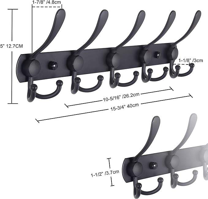 Dseap Coat Rack Wall Mounted - 5 Tri Hooks, Heavy Duty, Stainless Steel, Metal Coat Hook Rail for Coat Hat Towel Purse Robes Mudroom Bathroom Entryway,Grey