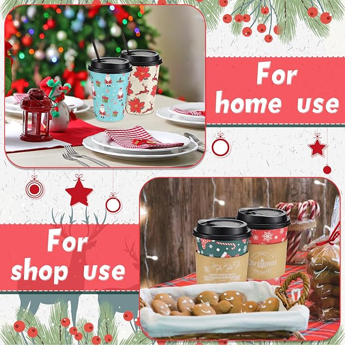 Remerry 100 Sets 400 Pcs 12 oz Christmas Disposable Coffee Cups with Lid, Straws and Sleeves Snowflake Reindeer Snowman Paper Cups Xmas Party Supplies for Hot Drink Cold Beverage(Bright Style)