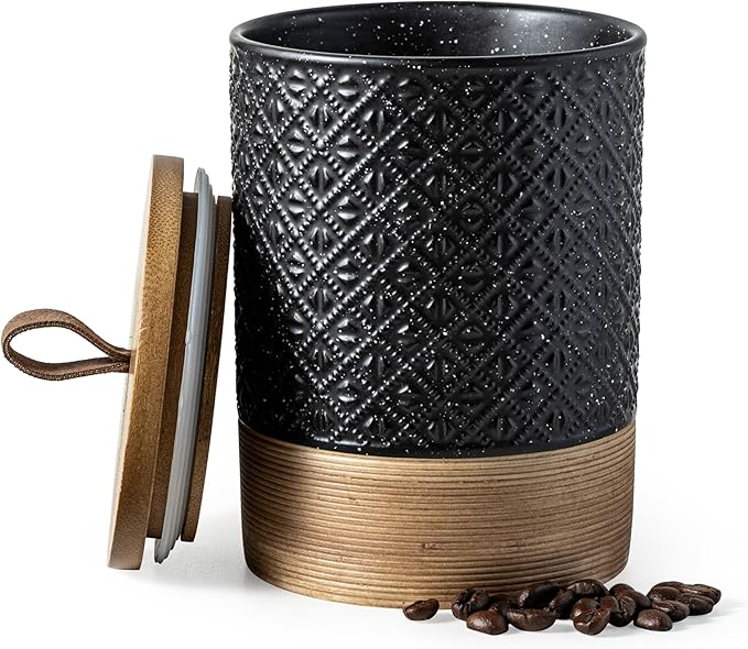 Ceramic Jar with Lid, Airtight Coffee Container, Kitchen Food Storage Jar for Coffee Bean Spice Sugar Cookie, Stackable Decorative Jars for Housewarming Gift, Coffee Bar Decor, Black 28 fl.oz