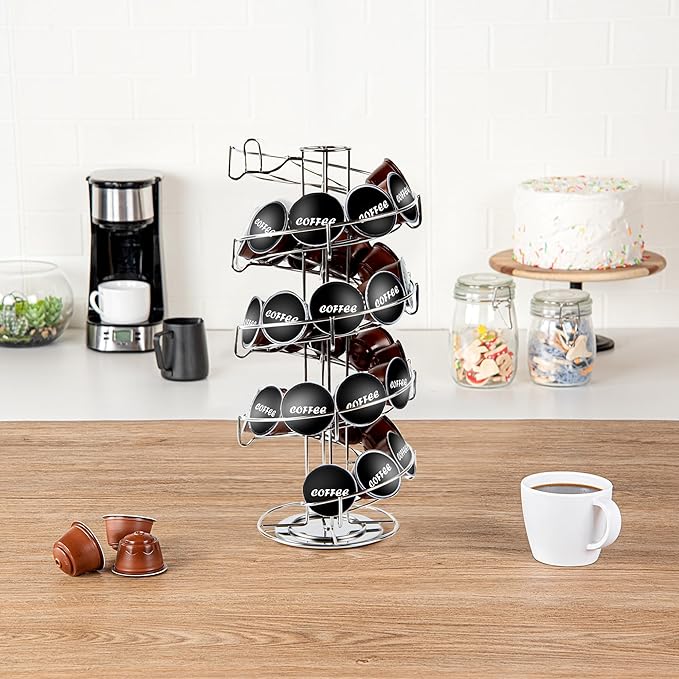 Restaurantware Restpresso 7.1 x 16.1 Inch Coffee Capsule Holder, 1 Durable Pod Carousel - Holds 35-50 K-Cups, 360-Degree Rotatable, Stainless Steel Espresso Pod Organizer, 3 Tier, Pods Not Included