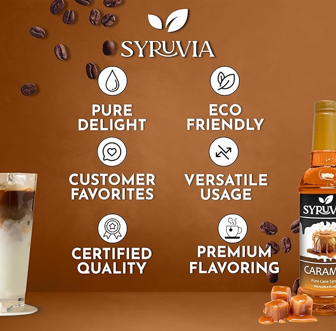 Syruvia Coffee Syrup, Caramel Flavored Syrup for Drinks, Lattes, and Desserts – 25.4 fl oz