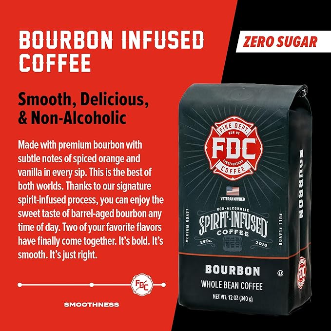 Fire Department Coffee - Bourbon Coffee - Gives Back to Firefighters - Premium Bourbon Infused Whole Beans - Medium Roast - Non-Alcoholic - Roasted in the USA - Veteran Owned - 12 oz