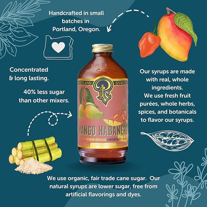Portland Syrups Mango Habanero Syrup - Bold Mango Flavor with a Fiery Habanero Kick - Premium Beverage Concentrate for Cocktails, Mocktails, Tea, and More - 12 oz with 12 Servings (Pack of 1)