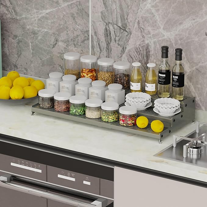 Expandable Spice Rack organizer with 3-Tier step shelf,Modern Design heavy duty,Non Skid and Visibility,Great for Kitchen Cabinet, Pantry and more(2PACKS/GUN-GREY)