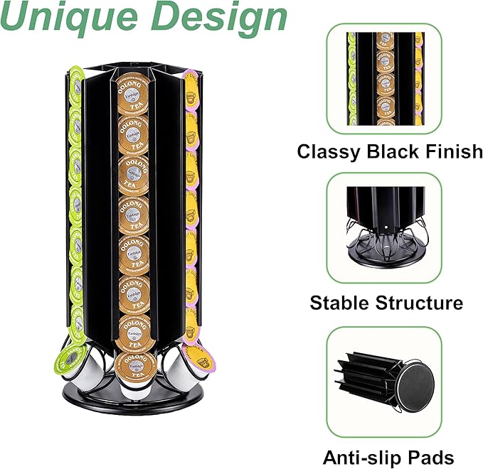 ZCDCP K Cup Holder, Keurig Pod Holder Stand Carousel with 360 Degree, 48 Pods Coffee Pod Holder for K Cups Organizer, Black