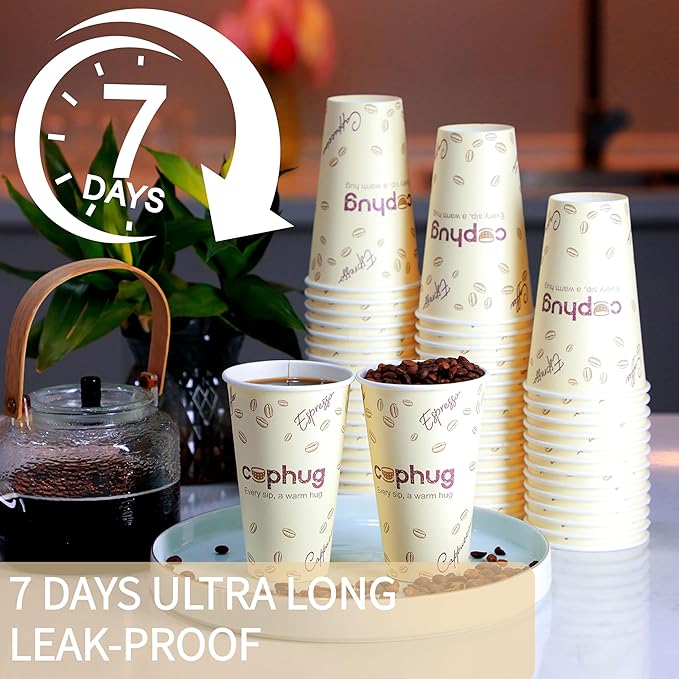 Cuphug 100 Pack 16 oz Coffee Cups with Lids, To Go Paper Cups with Sleeves and Stirring Sticks, Insulated Disposable Coffee Cups for Hot/Cold Drinks