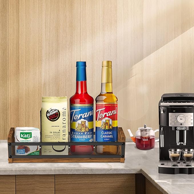 Alyoen Liquor Bottle Display Shelf, Coffee Syrup Rack Organizer, Countertop Liquor Wine Rack, 4 Bottles Coffee Station Organizer with Fences & Handles, Home Retro Bar Shelf Stand for Liquor Whiskey