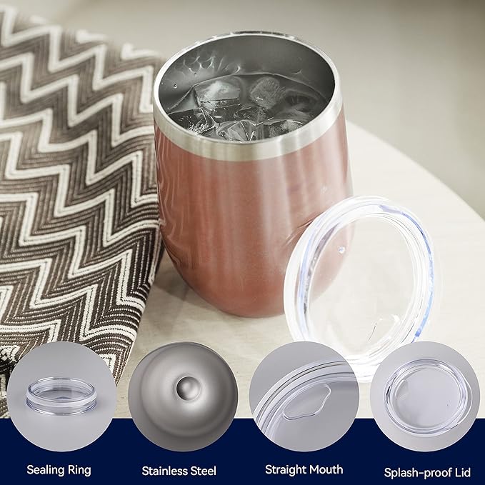 DOMICARE Stainless Steel Wine Tumbler Bulk with Lid, Personalized Rose Gold Insulated Tumblers Set, 12oz Travel Coffee Cups Pack of 4