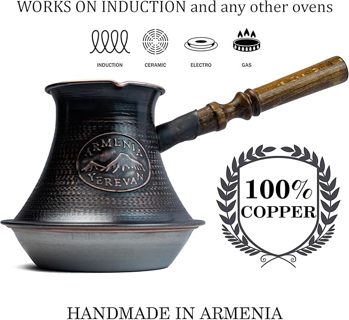 Handmade Armenian Coffee Pot Maker 27 Fl Oz (800ml) Induction Copper Jazva Ararat Turkish Arabic Greek Cezve Jezve Ibrik Turka Jazve Wooden Handle