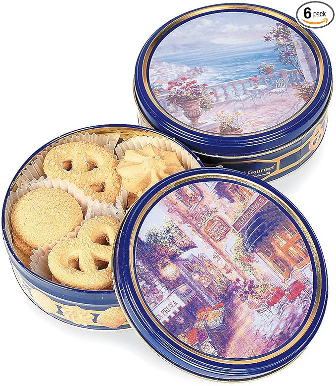 Oriental Trading Butter Cookies Premium Gift Tin Collection - 6 Pack Holiday Cookie Boxes with Danish Shortbread & Tea Biscuits | Gourmet Bakery Fresh Sweet Treats for Christmas Gifts