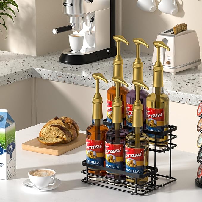 Coffee Syrup Rack Organizer, Syrup Bottle Holder Stand for Coffee Bar, 2-Tier 6 Bottles Storage Shelves for Syrup, Wine, Dressing for Kitchen Countertop (6 Bottles Black)