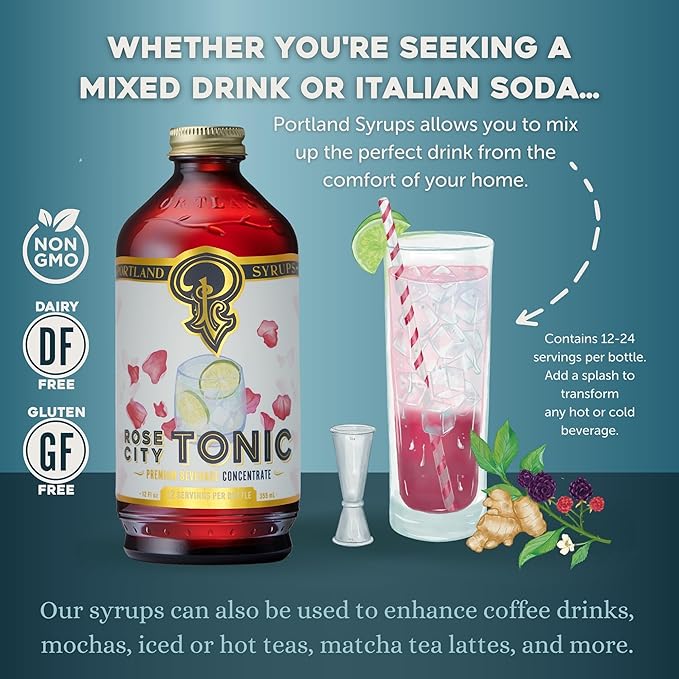 Portland Syrups Rose City Tonic Concentrate - Craft Delicious Cocktails, Mocktails, Sodas, and More - 12 oz with 24 Servings (Pack of 2)