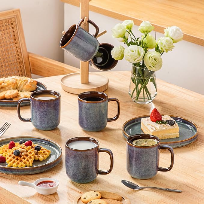 vancasso Coffee Mugs Set of 6, 12 Oz Ceramic Coffee Cups with Handle, Ceramic Unique Glaze Coffee Cup for Cappuccino, Latte, Tea, Cocoa, Dishwasher & Microwave Safe Gift Sets, Blue, Series ONION