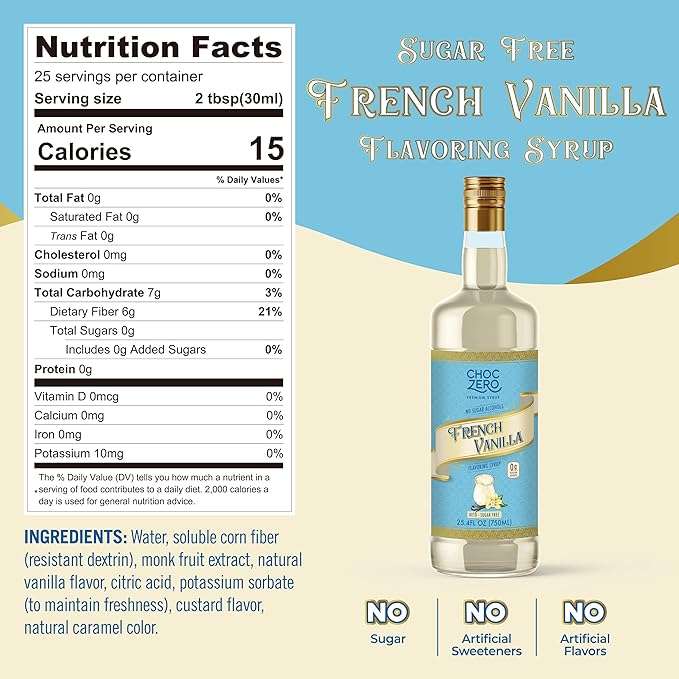 ChocZero French Vanilla Coffee Syrup – Sugar Free Coffee Flavoring, Keto Friendly, Low Carb, No Sugar Alcohols – Vegan, Gluten Free, Non-GMO – 25.4 Fluid Ounces