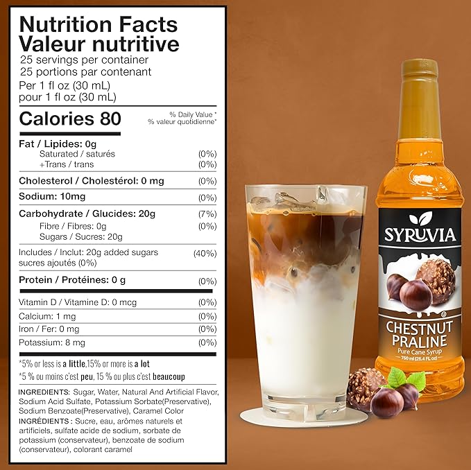 Syruvia Coffee Syrup, Chestnut Praline Flavored Syrup for Drinks, Lattes, and Desserts – 25.4 fl oz, With Pump