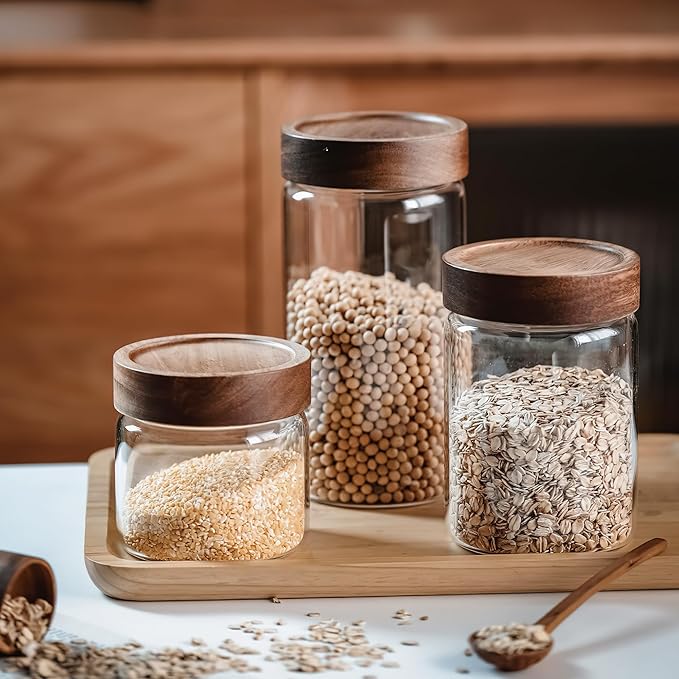 3 Pack 17 oz/500ml Clear Glass Storage Canister with Airtight Wooden Screw On Lid, Small Cute Decorative Glass Container Jar Set for Coffee, Candy, Cookie, Condiment, Pepper, Sugar, Oatmeal