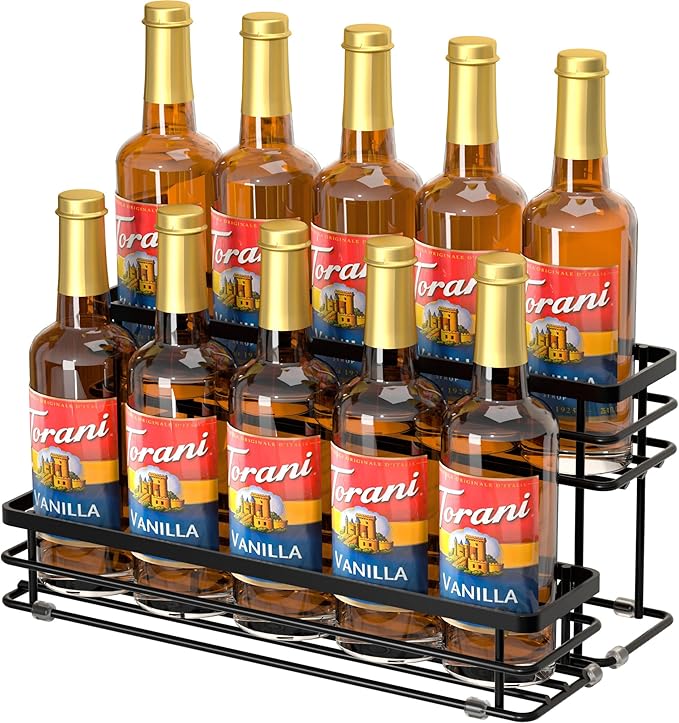Coffee Syrup Rack Organizer, Syrup Bottle Holder Stand for Coffee Bar, 2-Tier 10 Bottles Storage Shelves for Syrup, Wine, Dressing for Kitchen Countertop (10 Bottles Black)