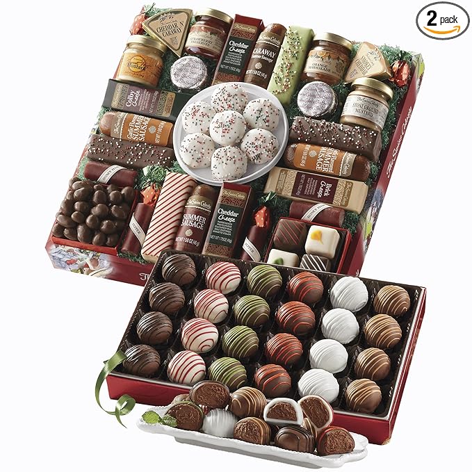 The Swiss Colony 27 Favorites and 24 Liqueur Truffles Christmas Gift Bundle - Assorted Cheeses, Candies, Chocolates, Summer Sausage Meats with 24 Liqueur Flavored Truffles
