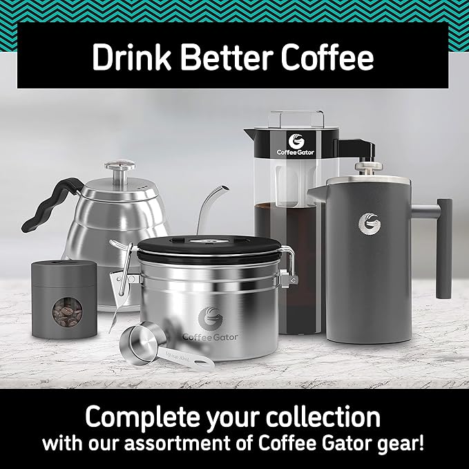 Coffee Gator 304 Grade Stainless Steel French Press Coffee Maker 34 oz, Double Wall Insulated Teapot with 4-Level Filtration System, Include Travel Jar Canister, Rust-Free, Dishwasher Safe, Silver